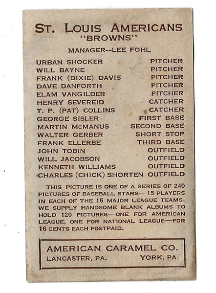 1922 John Tobin St. Louis Browns American Caramel Baseball Card