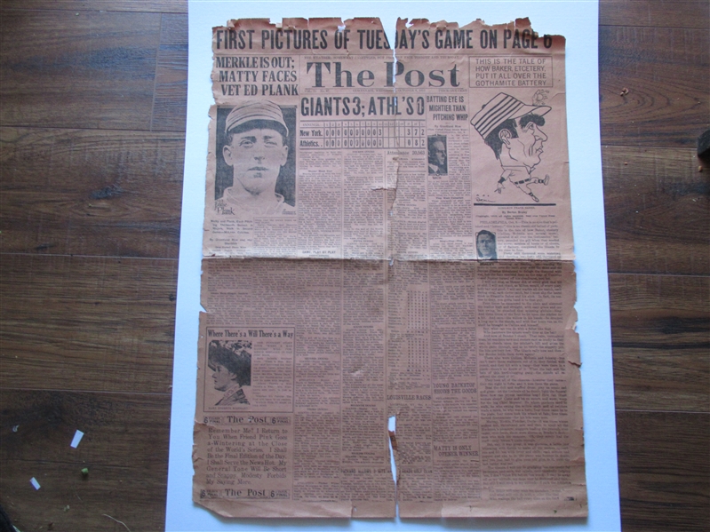 1913 World Series (NY Giants vs. Phila. A's) Game # 2 Same Day Newspaper Front Page  