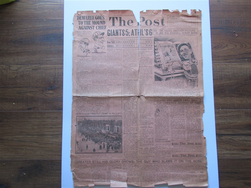 1913 World Series (NY Giants vs. Phila. A's) Game # 4 - Bender vs. Demaree - Same Day Front Page Paper
