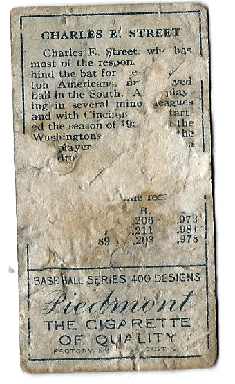 1911 T205 Gabby Street - Piedmont Back Tobacco Card