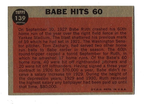 1962 Babe Ruth (HOF) Hits 60th Home Run Topps Baseball Card