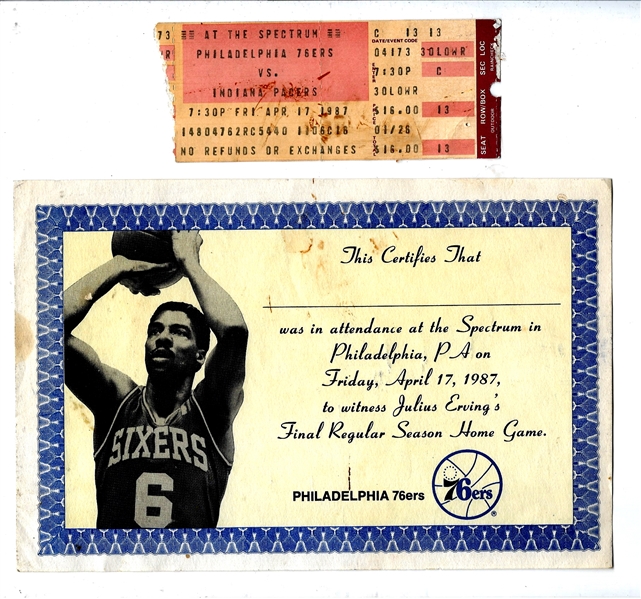 1987 Julius Erving's (NBA) Final Regular Season Home Game Certificate & Ticket Stub
