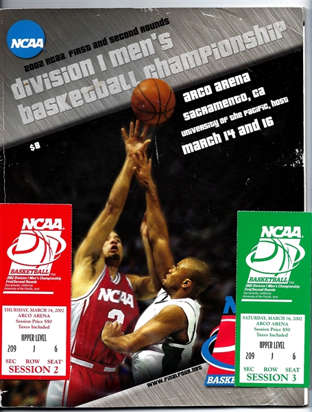 2002 NCAA Basketball Championship Program with (2) Ticket Stubs at Arco Arena