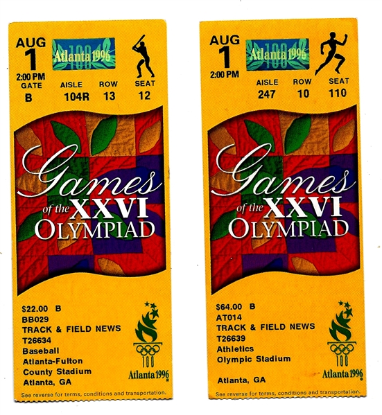 1996 Atlanta Olympics - Games of the XXVI Olympiad - Official Program - with (2) Tickets - Aug. 1st