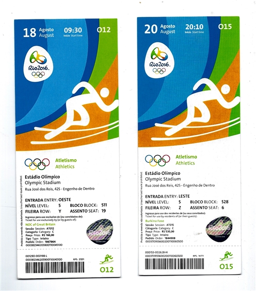 2016 Rio Olympics - Lot of (2) Tickets - Both are for Athletics Competition