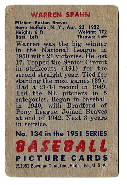 1951 Warren Spahn (HOF) Bowman Baseball Card