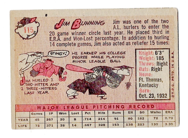 1958 Jim Bunning (HOF) Topps Baseball Card 