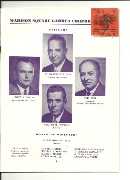 1963 NY Knicks (JFK Assassination Weekend) NBA Program with Ticket Stub