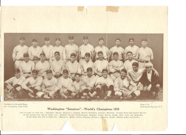 1925 Washington Senators (Baseball Magazine Issued) Sepia-Toned Team Premium