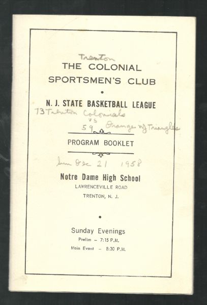 1958 Early Rare Trenton Colonials Pro Basketball Program vs Orange Triangles