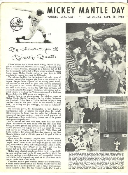 1965 Mickey Mantle Day Program 