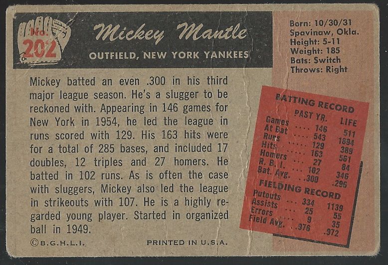 Lot Detail - 1955 Mickey Mantle (HOF) Bowman Baseball Card