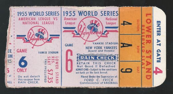 Lot Detail - 1955 World Series Game # 6 Ticket at Yankee Stadium