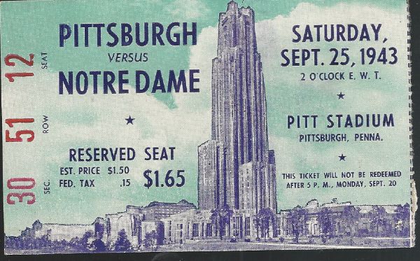 1943 Notre Dame (National Champions) vs Pittsburgh College Football Ticket