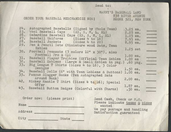 C. Early 1960's Manny's Baseball Land Merchandise Purchasing Form 