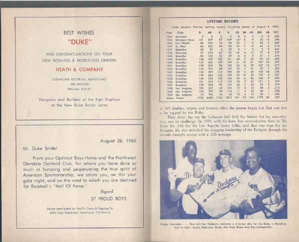 1960 Duke Snider Night Official Program Booklet