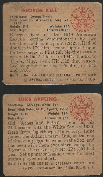 1950 Bowman Baseball Star Card Lot of (2): Appling (HOF) & Kell (HOF)