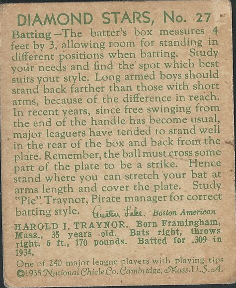 1935 Pie Traynor (HOF) Diamond Stars Baseball Card