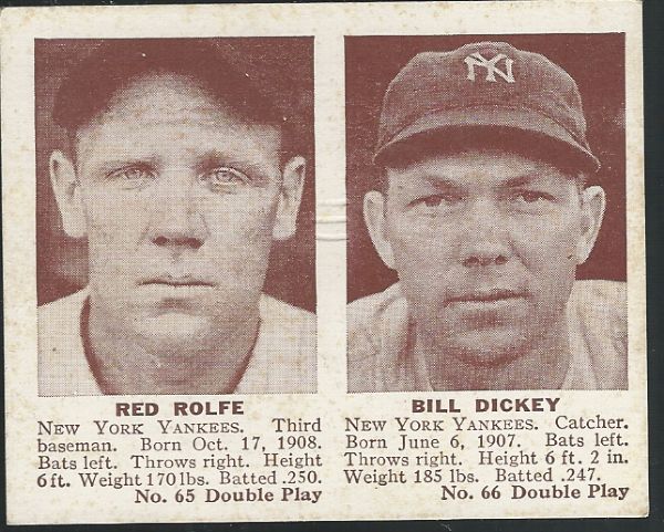 1941 Double Play Baseball Card with Bill Dickey (HOF) and Red Rolfe