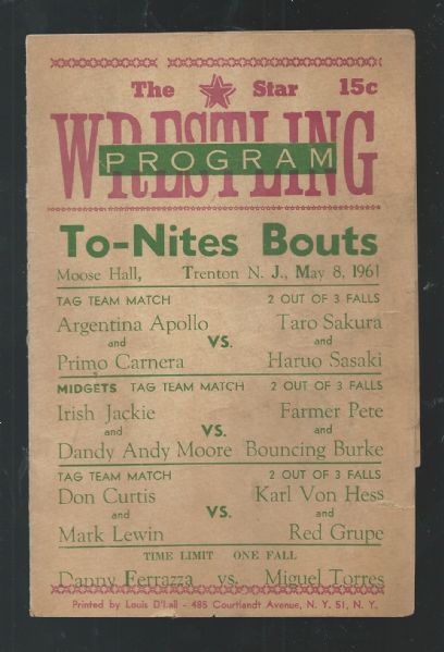 1961 Moose Hall (Trenton, NJ) Pro Wrestling Scorecard