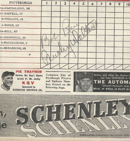 1950 Pittsburgh Pirates Program with Multiple Autographs on Score Page