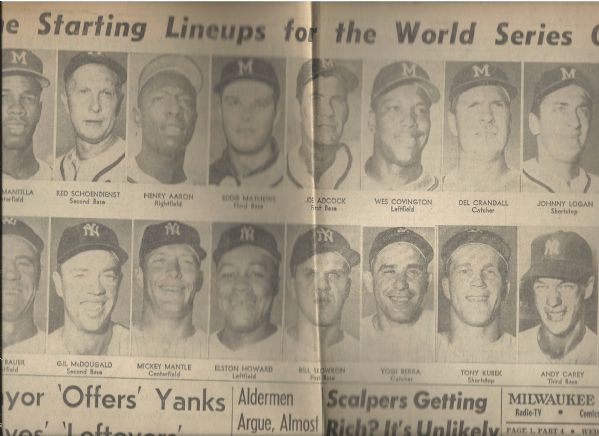 1958 Milwaukee Sentinel World Series Opener Line-Up Paper