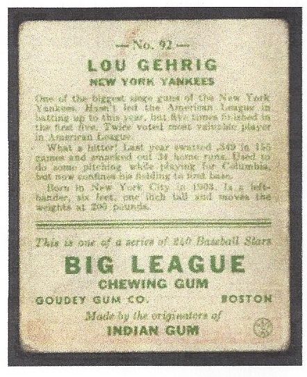 1933 Lou Gehrig Goudey Baseball Card