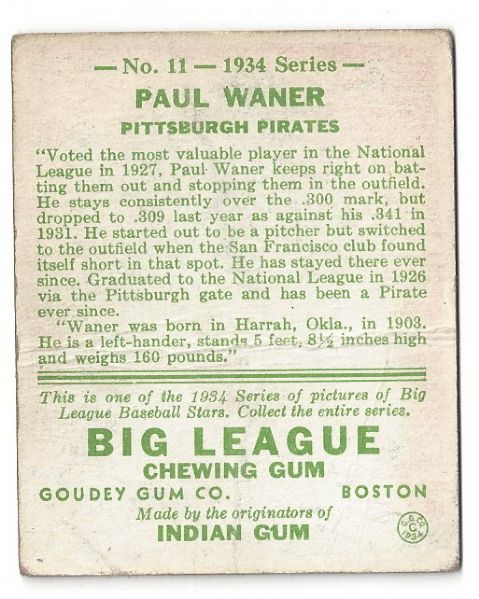 1934 Paul Waner (HOF) Goudey Baseball Card