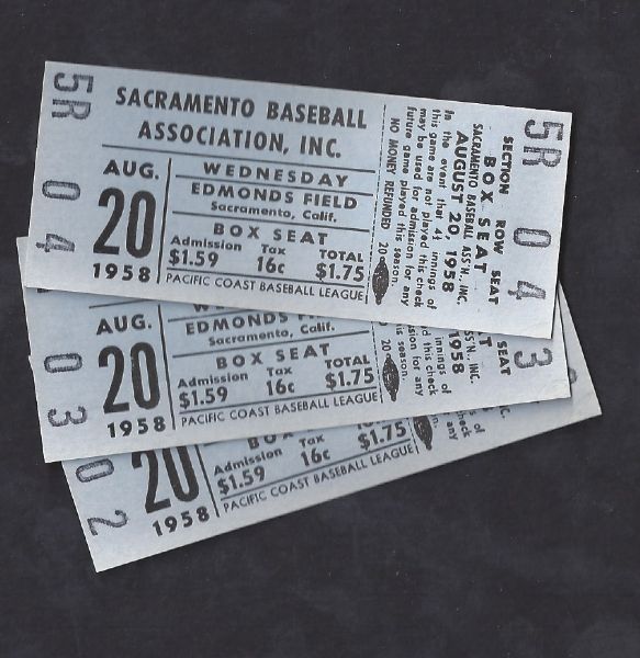 1958 Pacific Coast League (PCL) Lot of (3) Tickets