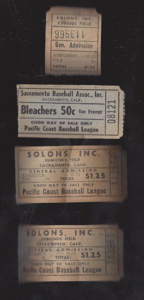 C. 1955 - 1958 Sacramento Solons (PCL)  Ticket Lot of (4) 