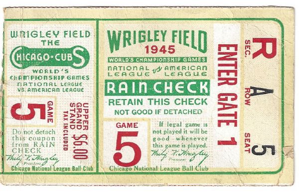 1945 World Series Ticket Game # 5 at Wrigley Field