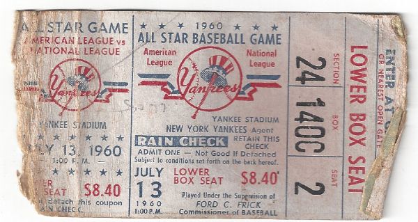 1960 MLB All-Star Game Ticket at Yankee Stadium - Seat # 2  Lesser Condition