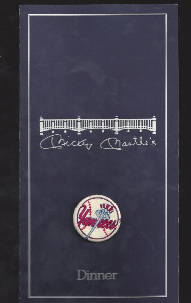 NY Yankees Memorabilia Lot: 1950's Yankees Pinback & 80's Mantle Restaurant Menu