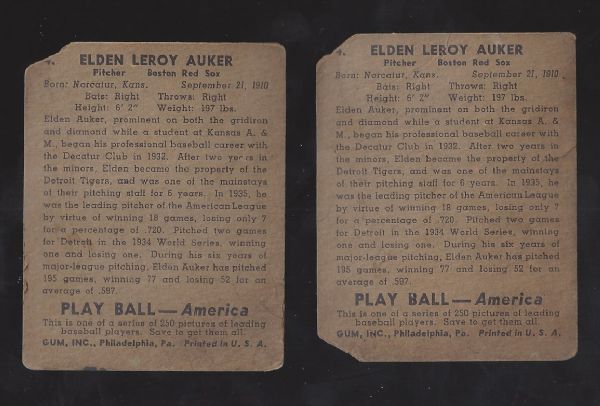 1939 Play Ball Baseball Cards Lot of (2) Lesser Condition - Elden Auker