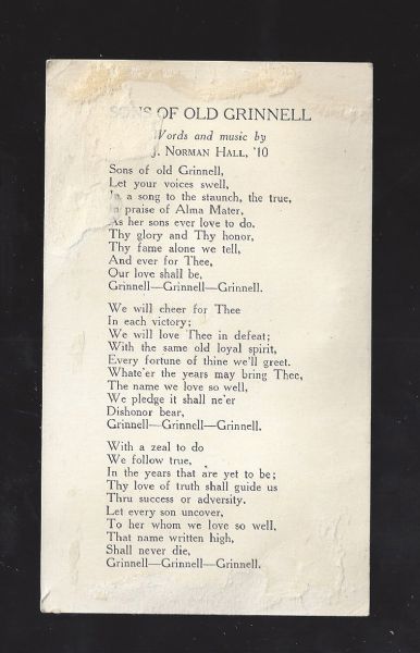 C.1929 - 30 Grinnell College (Iowa) Football Fight Song Hand Card