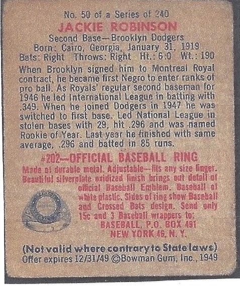 1949 Jackie Robinson (HOF) Bowman Rookie Card 