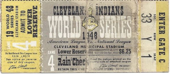 1948 Cleveland Indians World Series Game # 4 Clincher Ticket