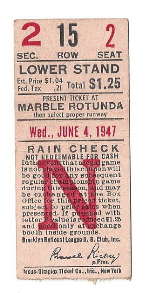 1947 Brooklyn Dodgers (NL Champions) Ticket Stub 