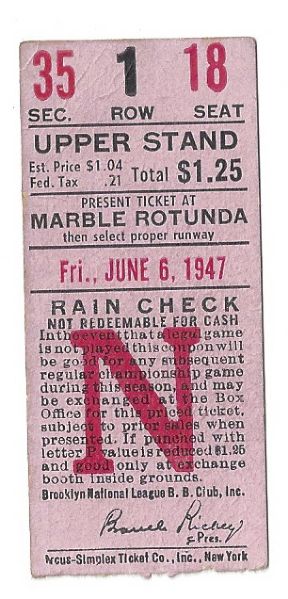 1947 Brooklyn Dodgers (NL Champions) Ticket Stub 