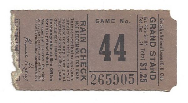 Circa late 1940's Brooklyn Dodgers Ticket Stub