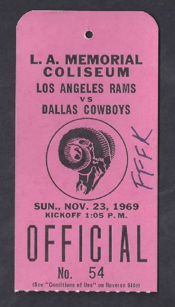 1969 LA Rams (NFL) Official Press Pass vs Dallas Cowboys