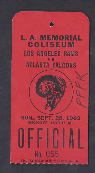 1969 LA Rams (NFL) Official Press Pass vs Atlanta Falcons