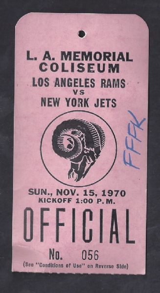 1970 LA Rams (NFL) Official Press Pass vs NY Jets