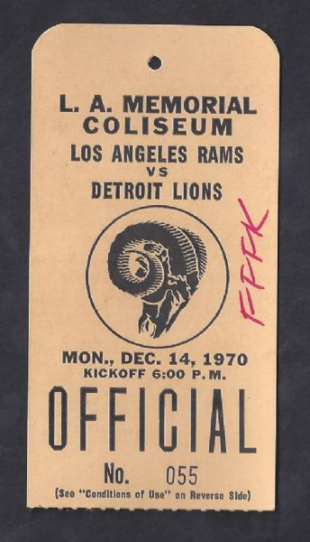 1970 LA Rams (NFL) Official Press Pass vs Detroit Lions