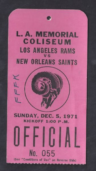 1971 LA Rams (NFL) Official Press Pass vs NO Saints