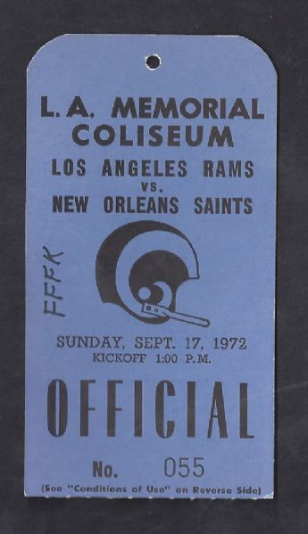 1972 LA Rams (NFL) Official Press Pass vs NO Saints