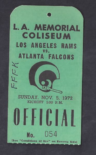 1972 LA Rams (NFL) Official Press Pass vs Atlanta Falcons