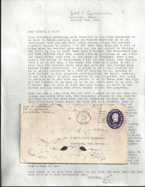 1953 Jack Coombs (Philadelphia Athletics) Typed Personal letter with Envelope