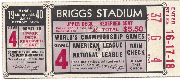 1940 World Series Game # 4 Ticket at Detroit