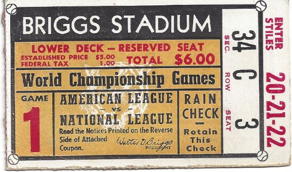 1945 World Series Game # 1 Ticket at Detroit